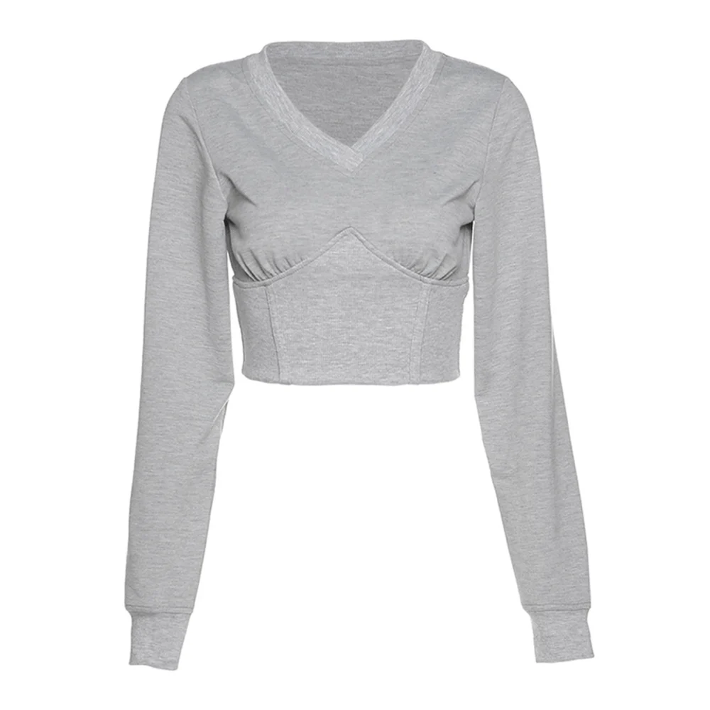 Women's Sexy V-neck Sweatshirt, Girl's Solid Color Long-sleeved Top