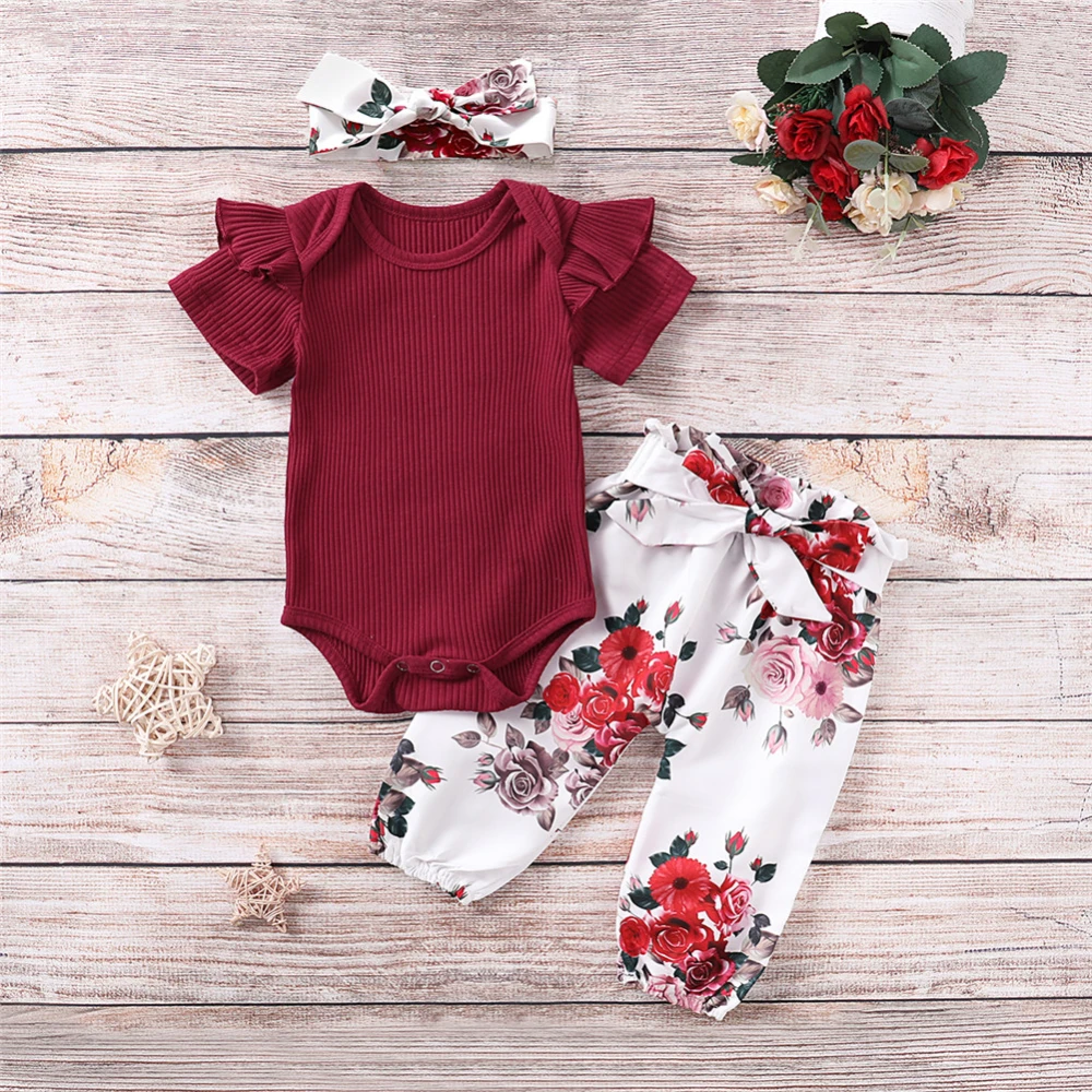 Baby Girl Clothes Set, Short Sleeve Jumpsuit+Floral Print Trousers+Headband