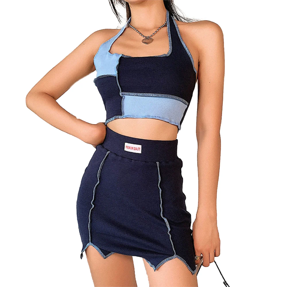 Women's Sexy 2 Piece Outfits Color Block Patchwork Halter Crop Top + Mini Skirt