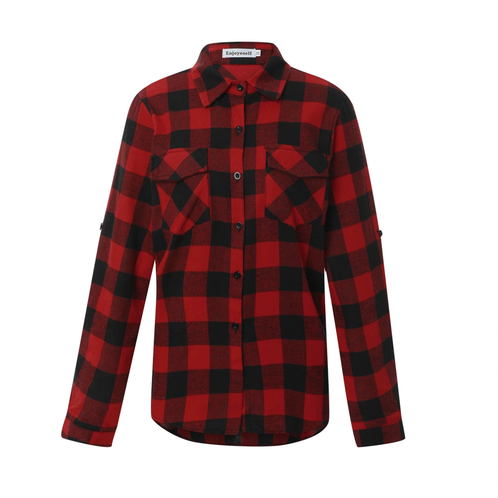 Women Loose Button-down Shirt, Plaid Printing Long Sleeve Blouse