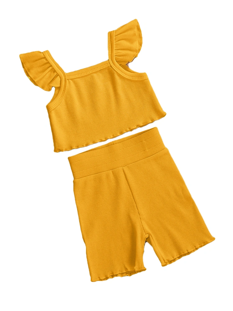 Baby Girl Trousers Set Pure Hanging Strip Flying Sleeve Top Stretch Pants Suit