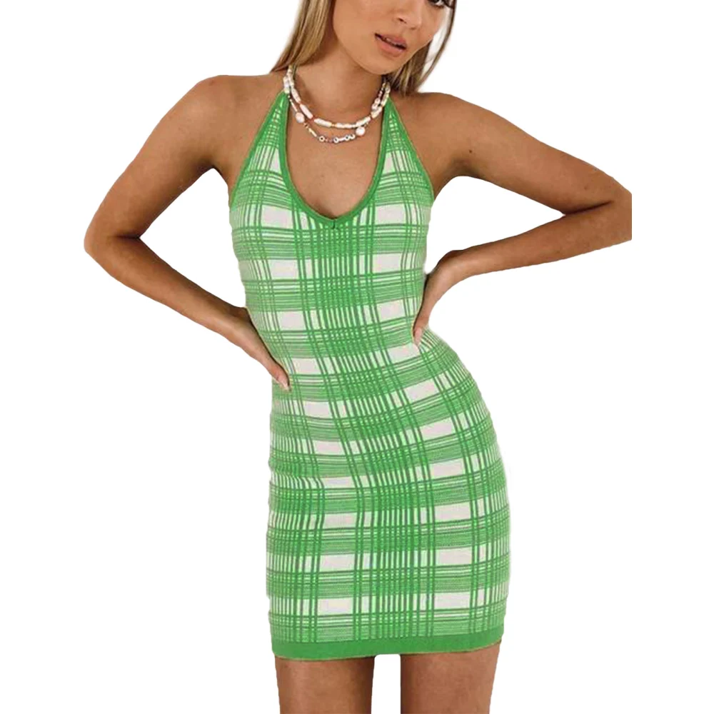 Female Dress, Plaid V-Neck Sleeveless One-Piece Package Hip Sundress