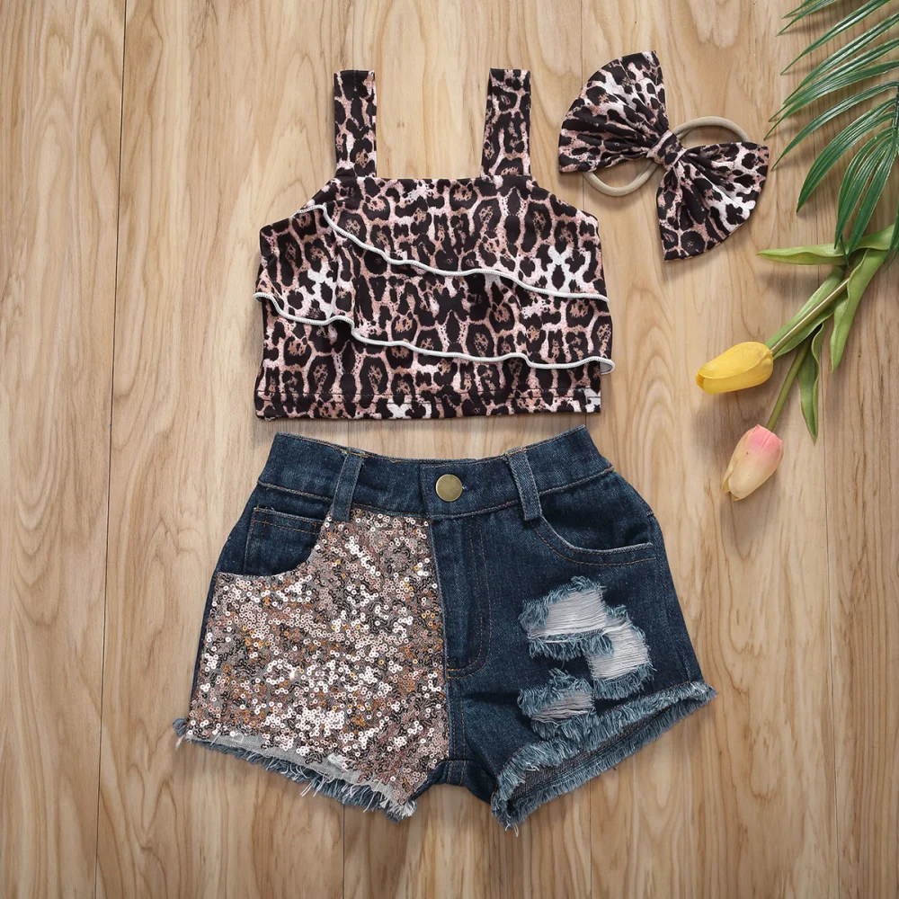 Baby Girls Summer Outfit, Toddler Leopard Crop Top+Denim Shorts+Headabnd