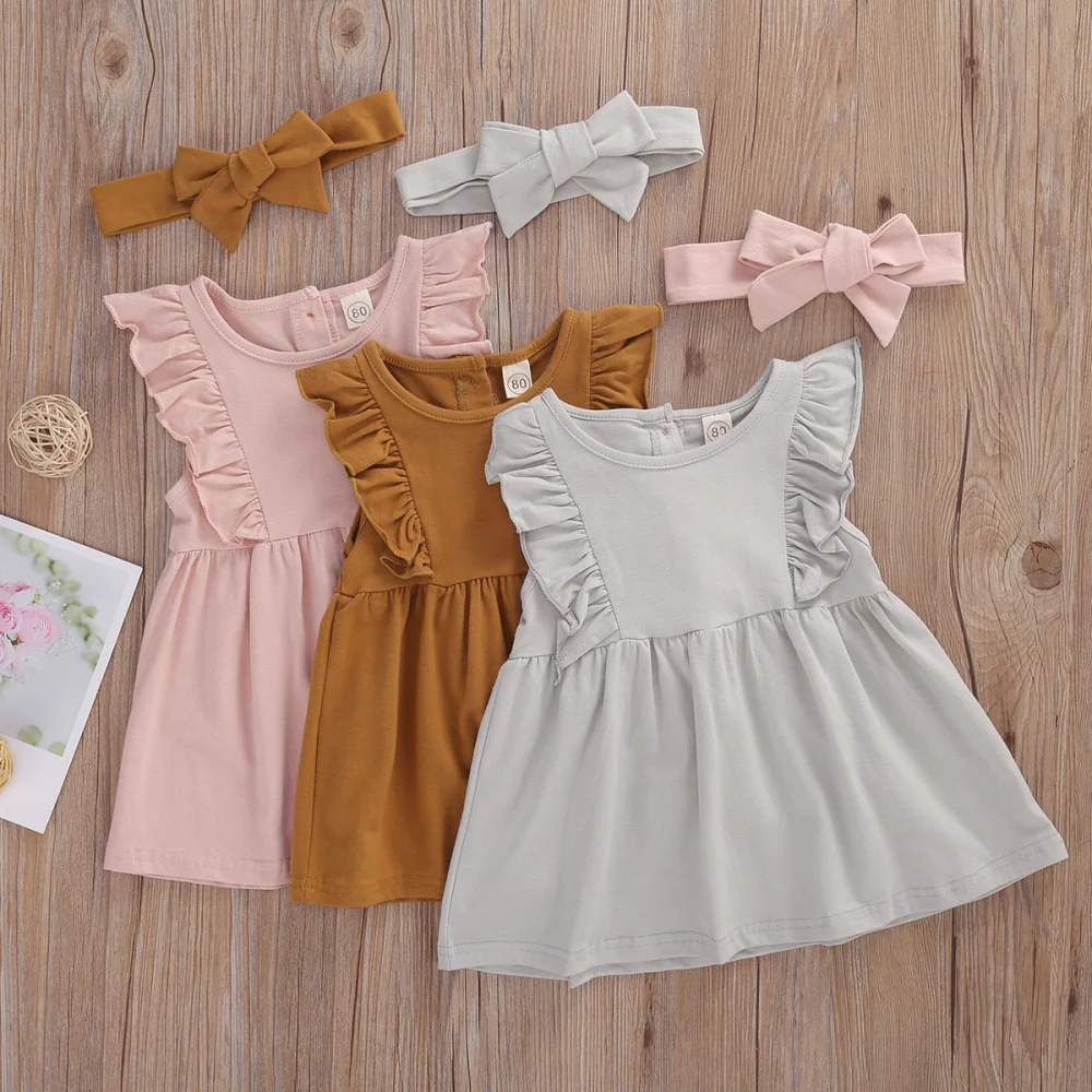 Infant Girls Fluffy Shoulder Dress, Pure Color Dress with Bow Hairband