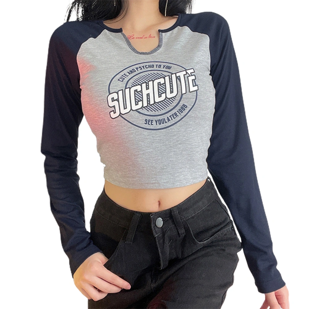 Women Cropped Sweater V Neck Letters Print Casual Blouse, Blue