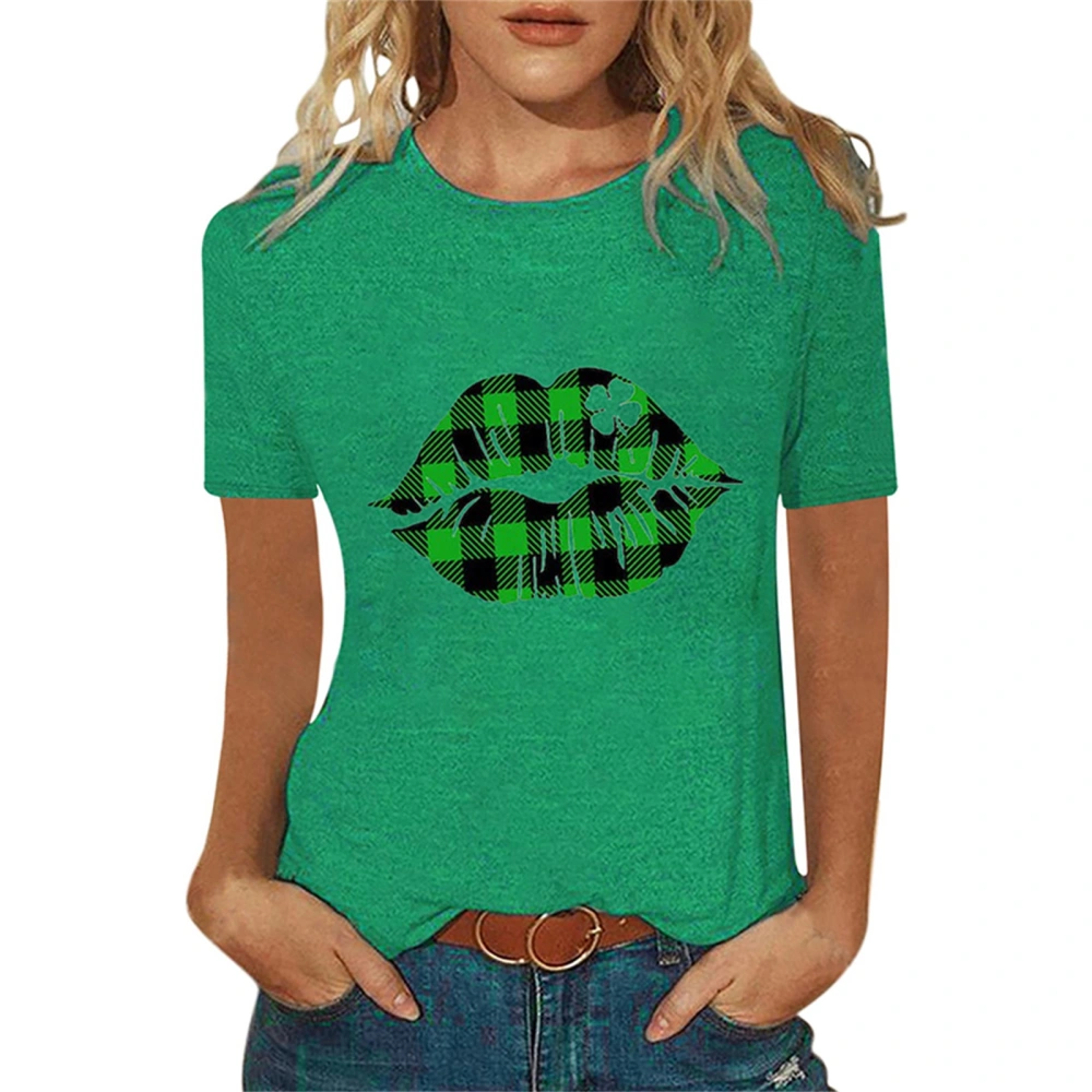 Women Round Neck T-shirt, Green Clover Print Short Sleeve Tops