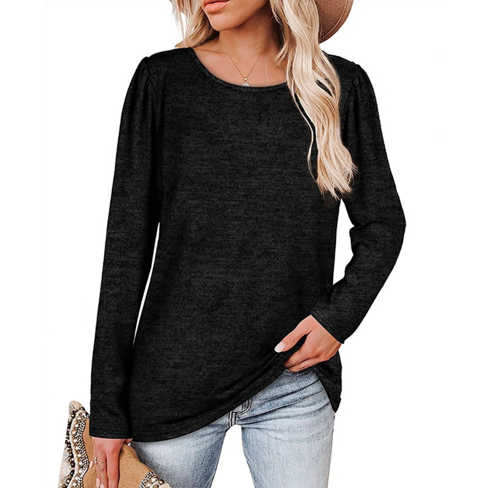 Women Solid Color Pullover, Long Sleeve Round Collar Loose Tops