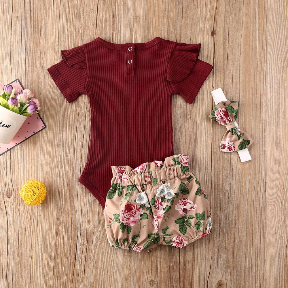 Baby Girls Summer Clothes Short Sleeve Romper+Floral Shorts+Headband