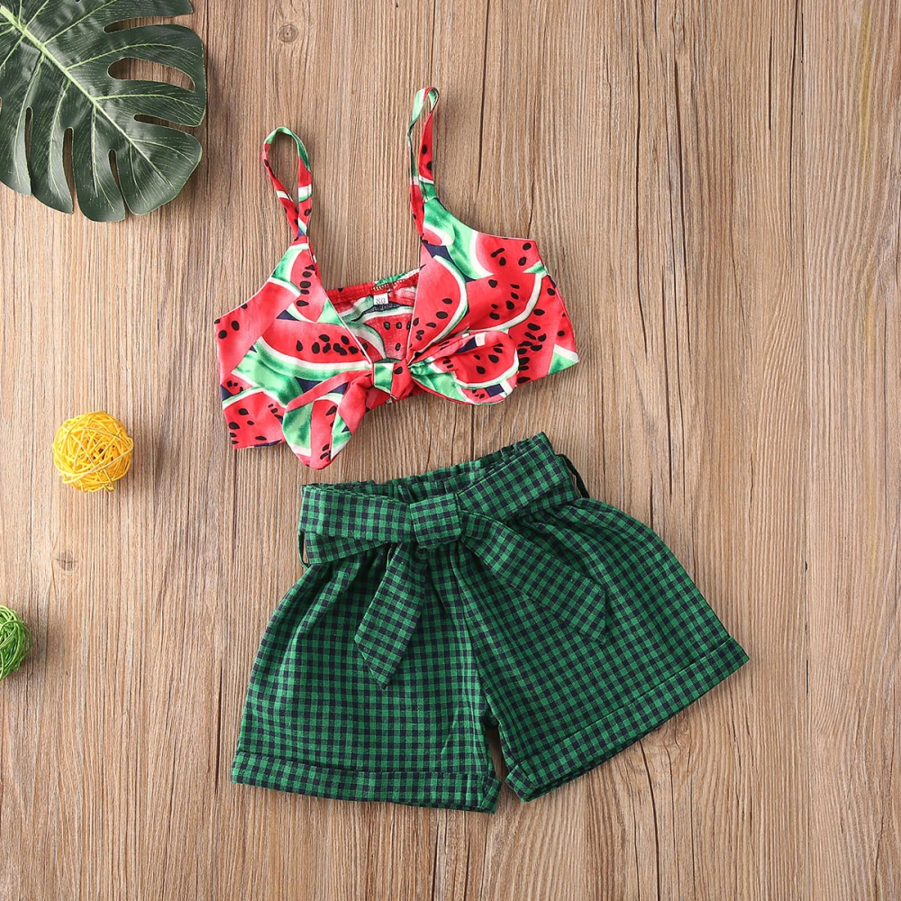 Girls 2 Pieces Outfit, Watermelon Print Vest + Plaid Pattern Shorts