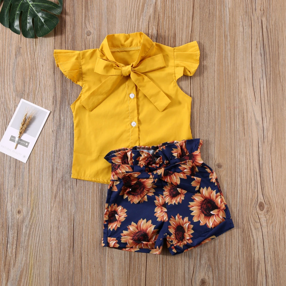 2 Pcs Girl Shorts Suits, Solid Color Sleeveless Tops + Sunflower Shorts Sets