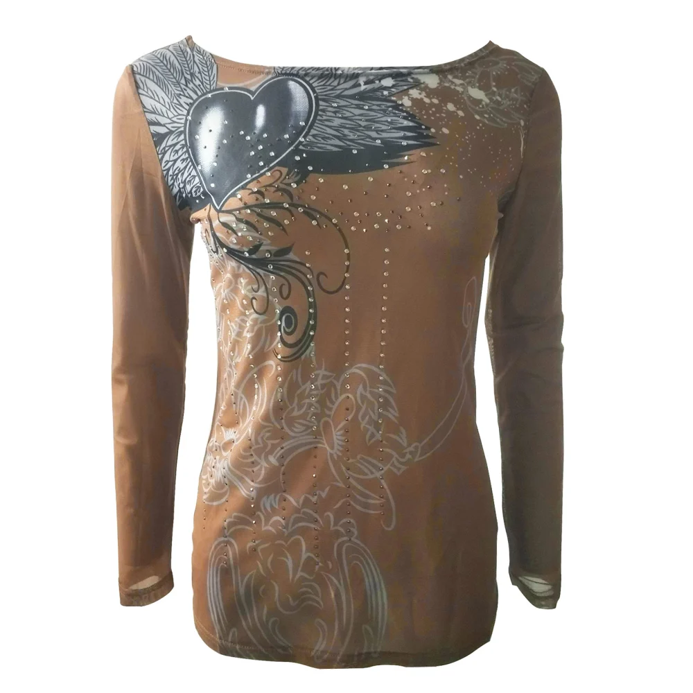 Rhinestone T-shirt, Angel Wing Love Pattern Long Sleeve Pullover