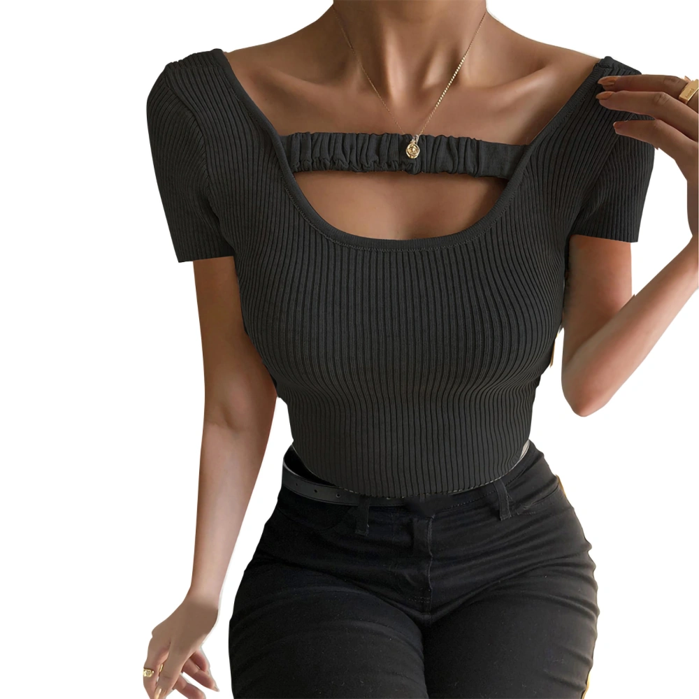 Women Knitted T-shirt, Elegant Short Sleeve Solid Slim Fit Summer Tops