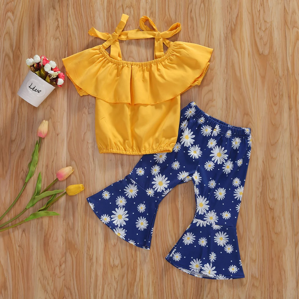 Girl's Yellow Ruffle Collar Sling Tops + Blue Floral Flared Pants