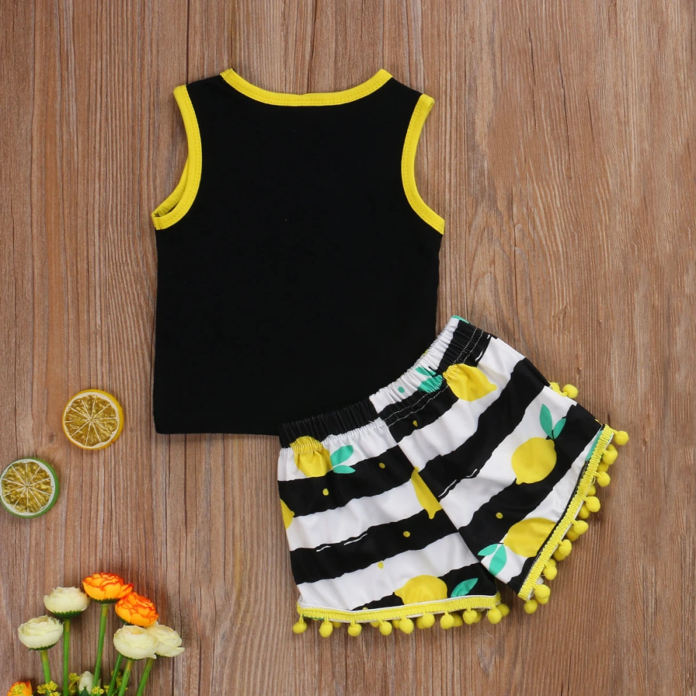 Baby Girls 2 Pcs Outfits, Sleeveless Lemon Vest + Stripe Shorts