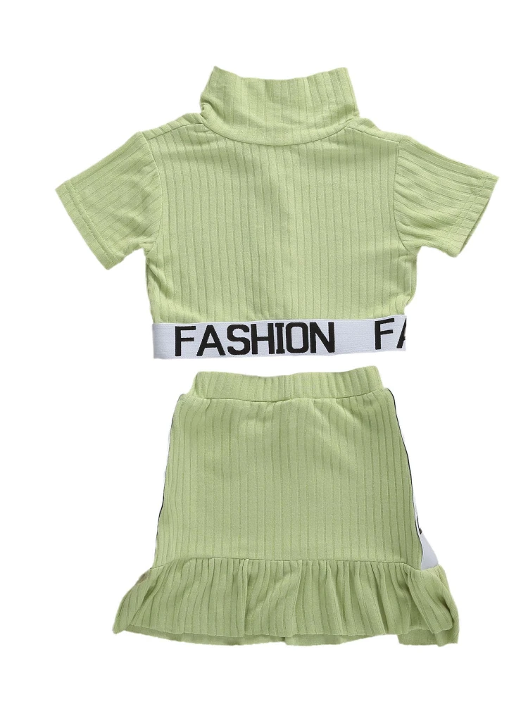 Girls 2 Pieces Outfit, Short Sleeve Letter Patchwork Tops + Skirts Summer Set