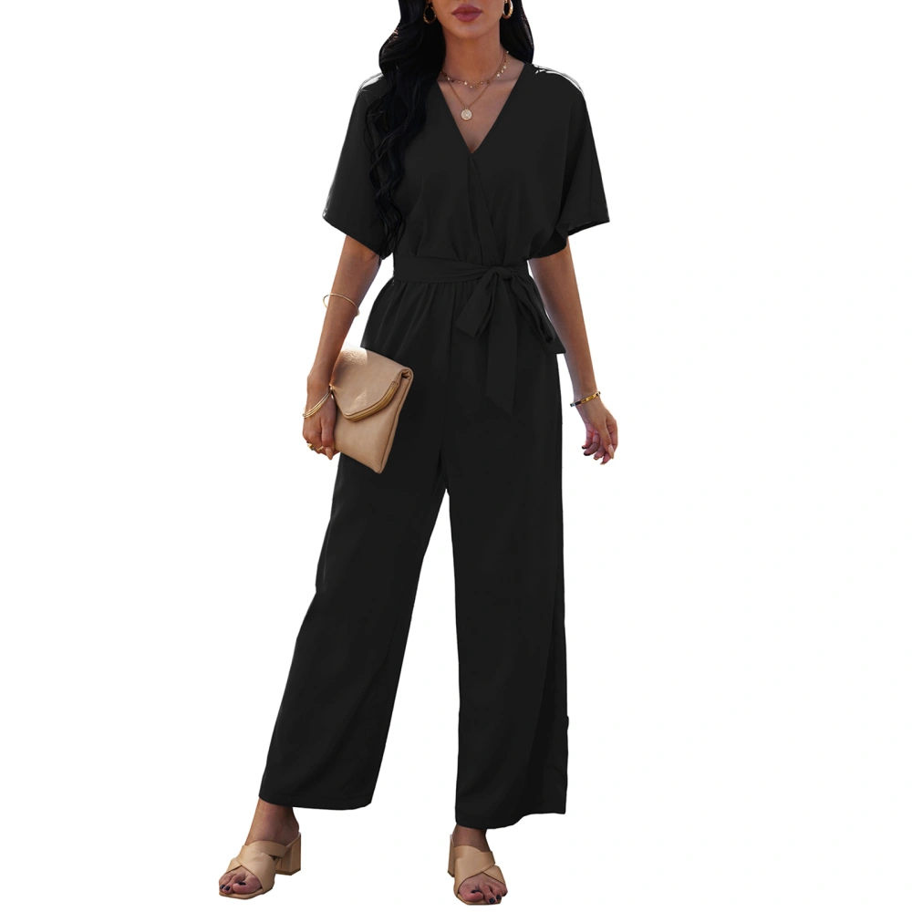 Women Jumpsuit with Belt, Loose Casual Style Solid Color Clothing