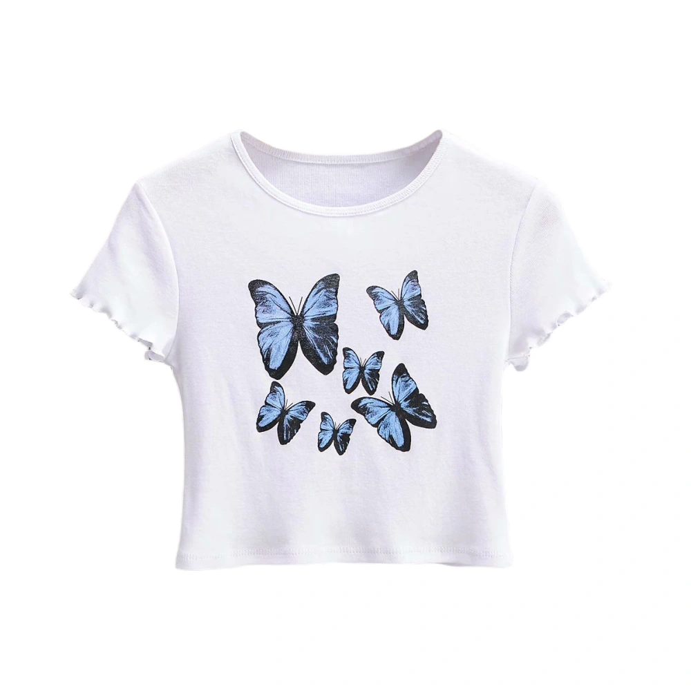 Women Short Sleeve Crop Top Butterfly Graphic Print Crewneck Slim Fit Tee Shirt