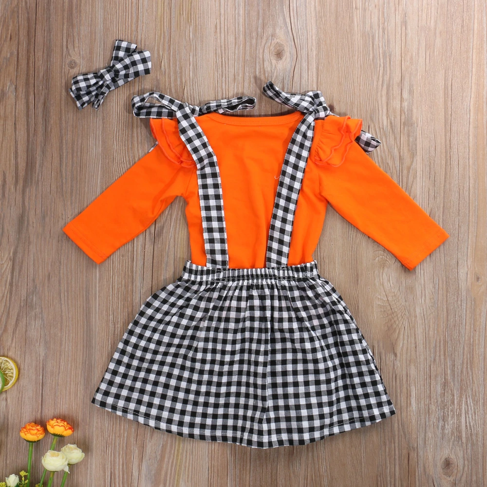 3Pcs Girl Set, Long Sleeve T-shirt+ Plaid Suspender Skirt + Headband