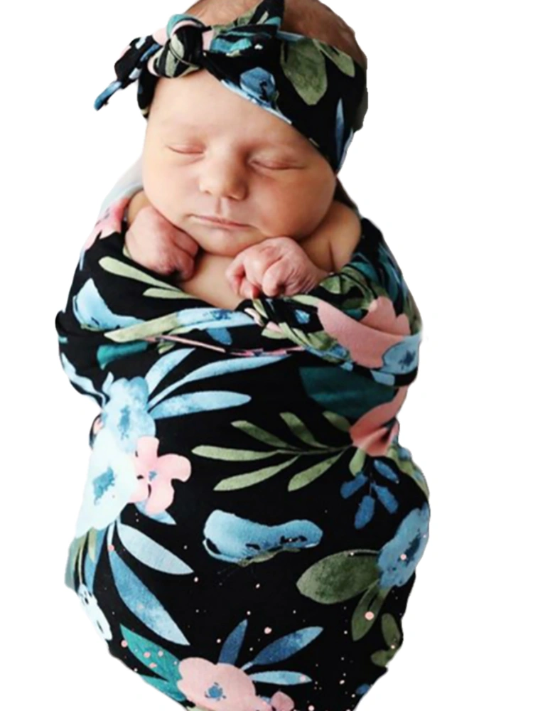 Newborn Baby Photography Props Set Flower Print Swaddling Blankets+Hat+Headband