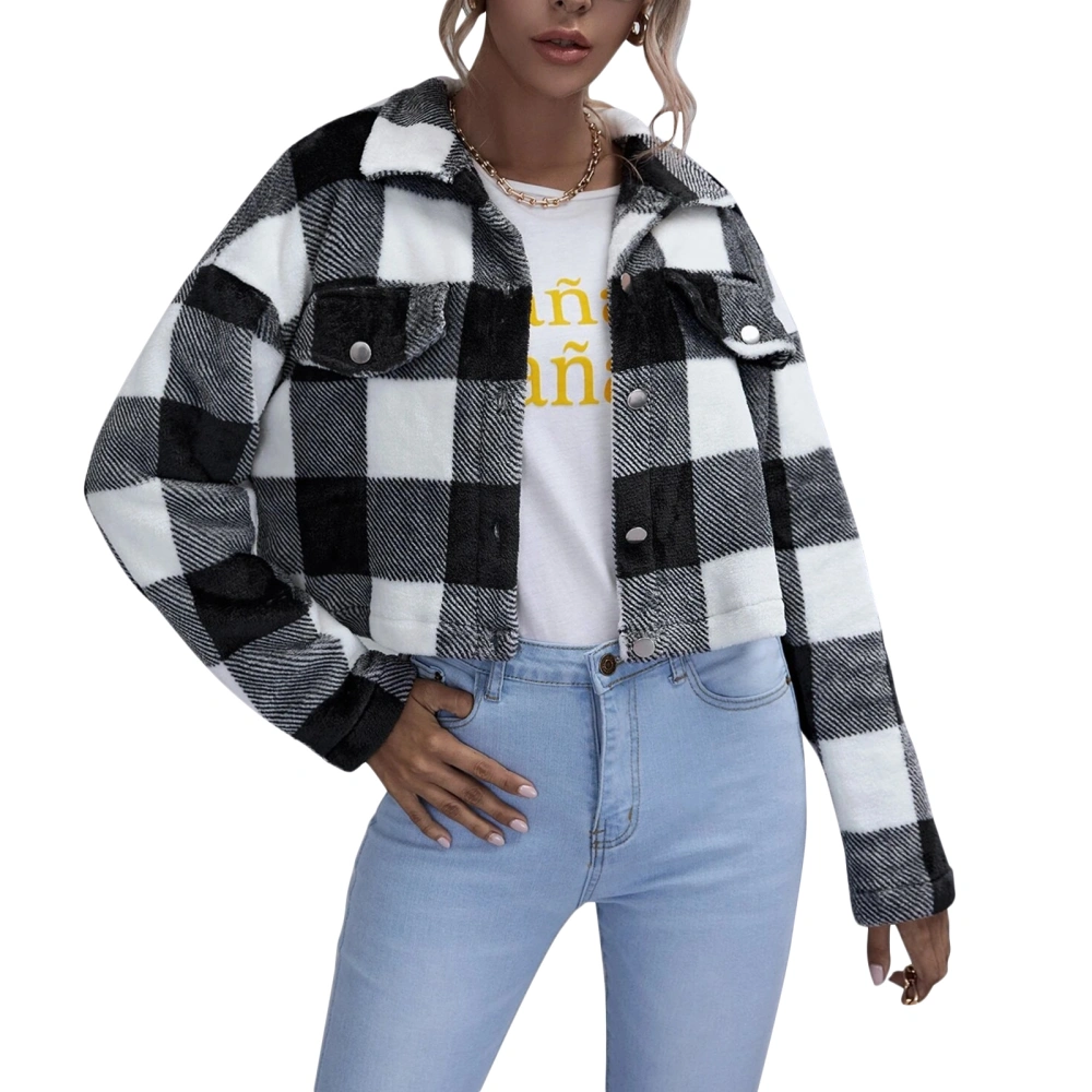 Women Plaid Coat Long Sleeve Lapel Neck Velvet Loose Casual Cardigan