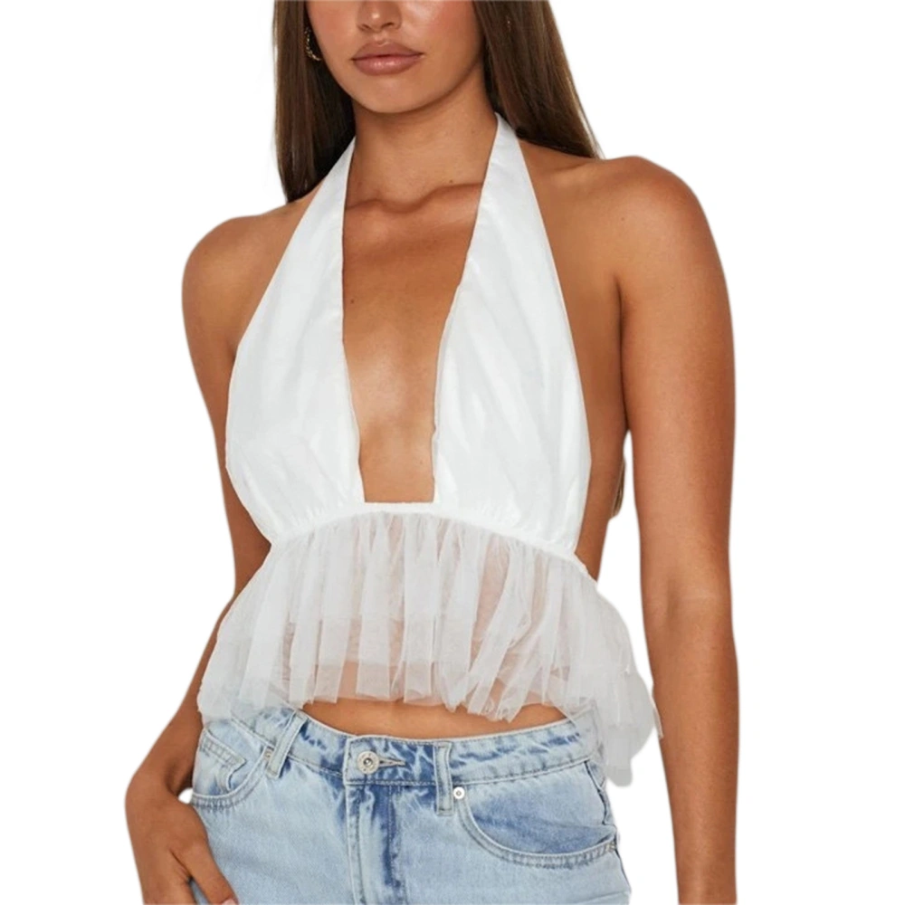 Women’s Mesh Yarn Tie-up Backless Exposed Navel Ruffle Halter Vest