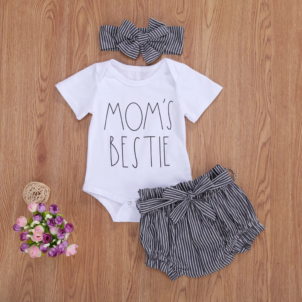 Baby Girls Summer Clothes Outfit, Romper+Stripe Ruffled Shorts+Bowknot Headband