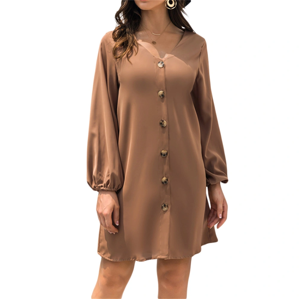 Women's Dress, Solid Color V-neck Long Sleeve Button Down Loose Dress