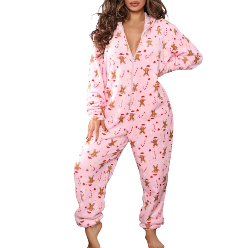 Female Nightwear, Floral Print Long Sleeve Hooded Jumpsuit with Zipper