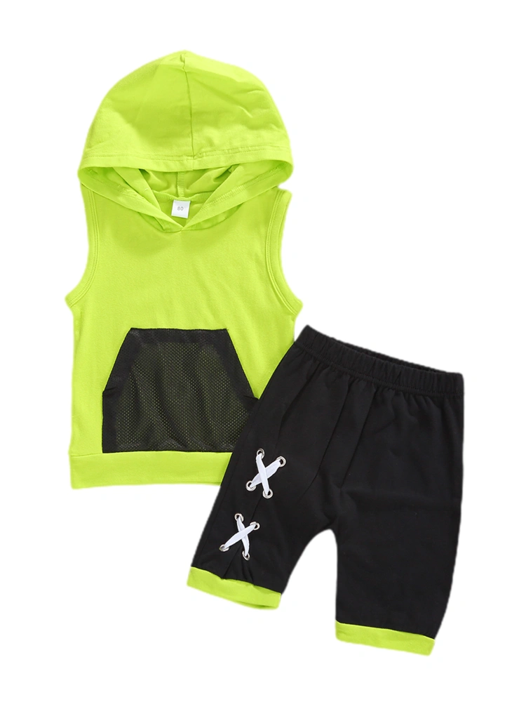 Baby Boy's Solid Color Sleeveless Hooded Vest with Mesh Pocket + Black Shorts