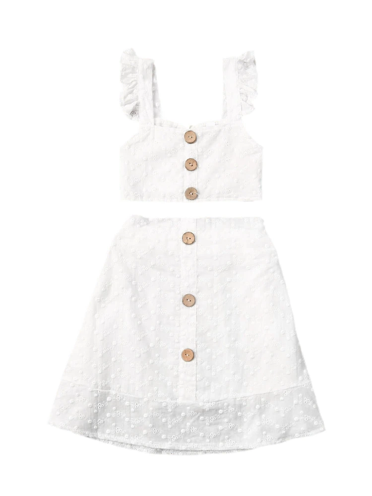 Girls Clothes Set, White Solid Color Sleeveless Square Collar Top and Skirt