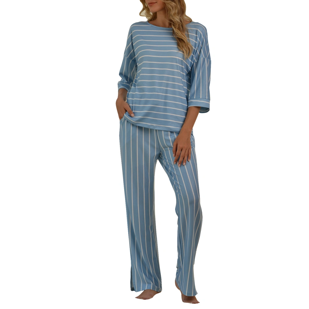 Women Stripe Pattern Housedress Suit, Long Sleeve Round Neck Long Pants