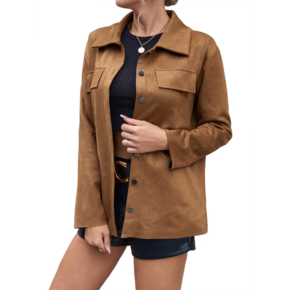 Female Casual Coat, Solid Color Turn-Down Collar Long Sleeve Jacket