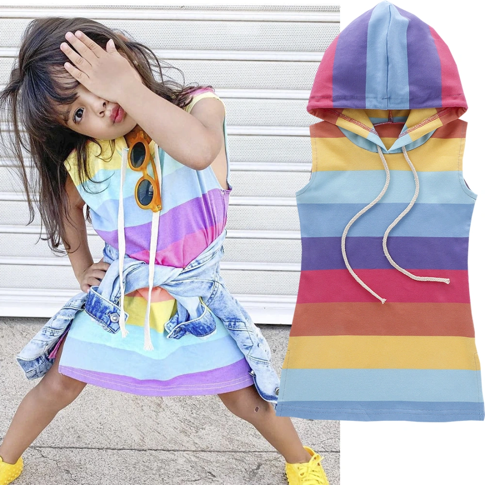 Girls Sleeveless Dress, Rainbow Stripe Hooded Dress, Summer Clothes