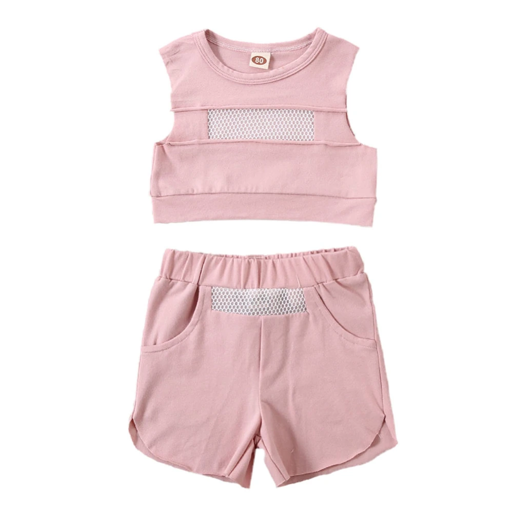 2 Pcs Girls Shorts Suits, Sleeveless Mesh Patchwork Vest + Shorts Set