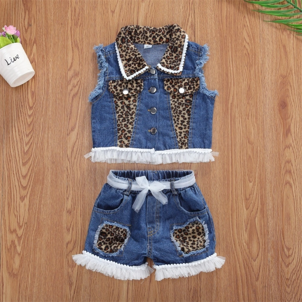 Baby Girl's Sleeveless Leopard Print Denim Top + Leopard Print Denim Shorts