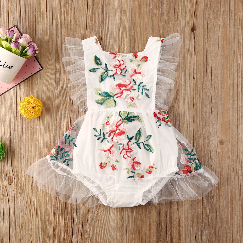 Baby Girls Square Neck Romper, Floral Embroidery Sleeveless Backless Jumpsuit