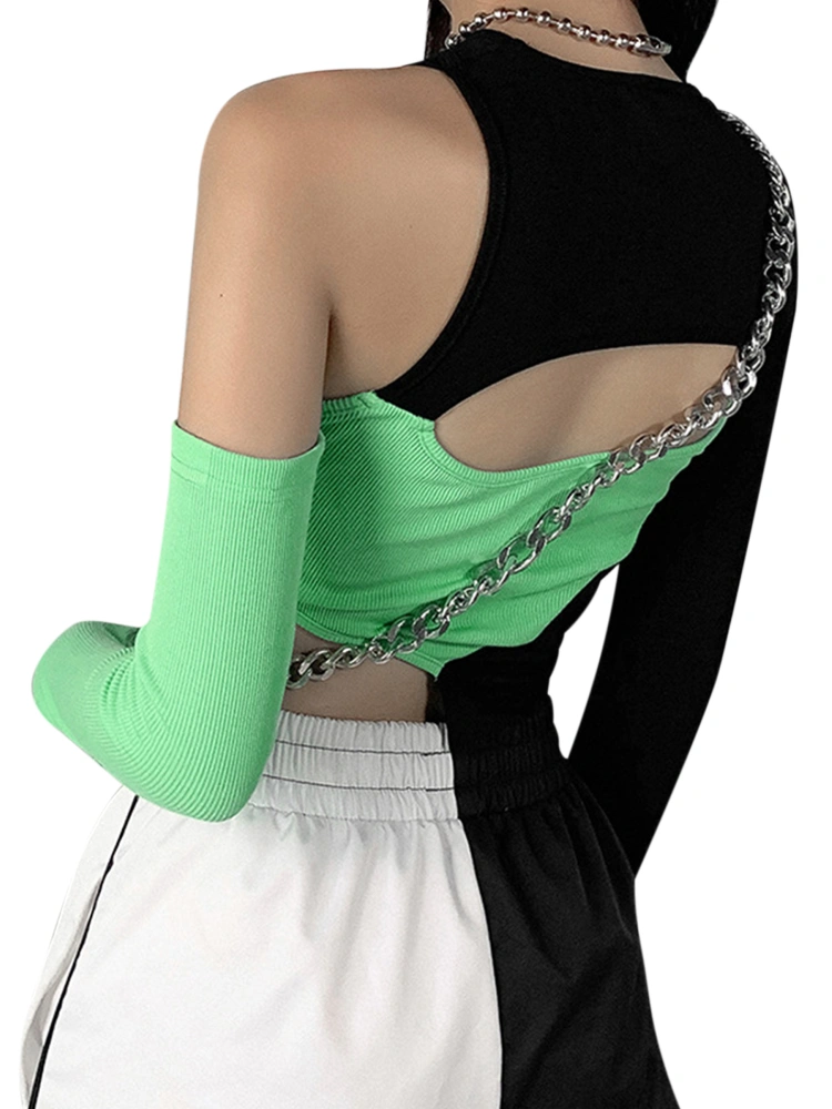 Women's T-shirt, Hollowing Out Color Contrast Irregular Oblique Shoulder Blousea