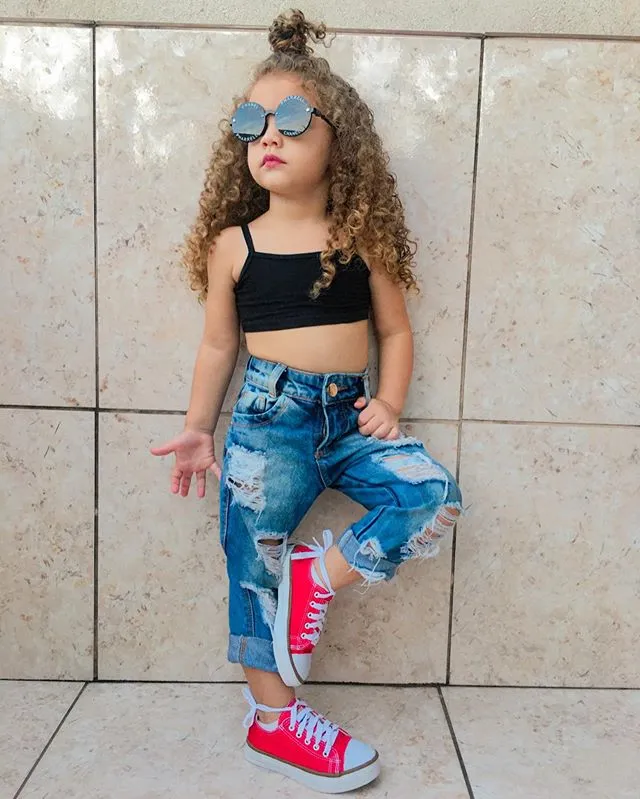 Baby Girls Summer Clothes Set Ribbed Knit Cropped Camisole+Ripped Jeans