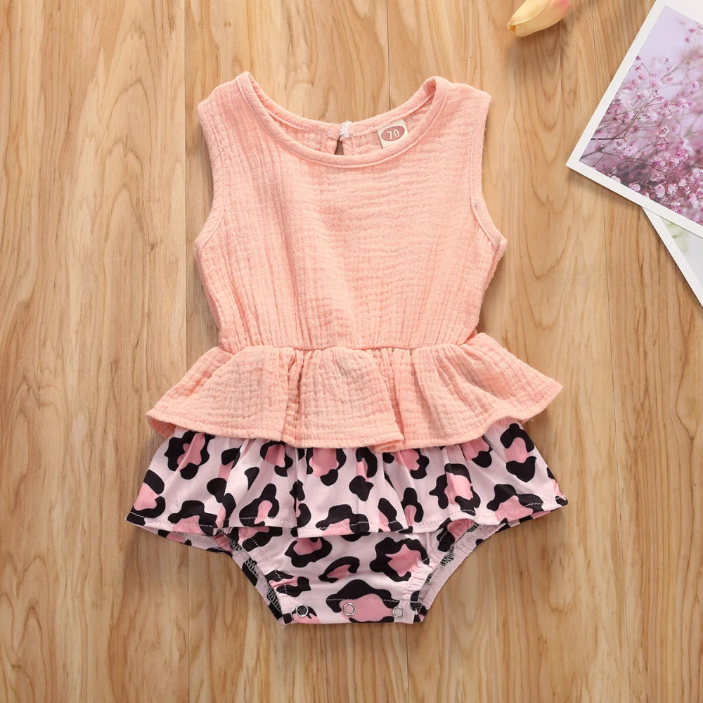 Baby Girls Sleeveless Romper Summer Leopard Print Splicing Flouncing Jumpsuit