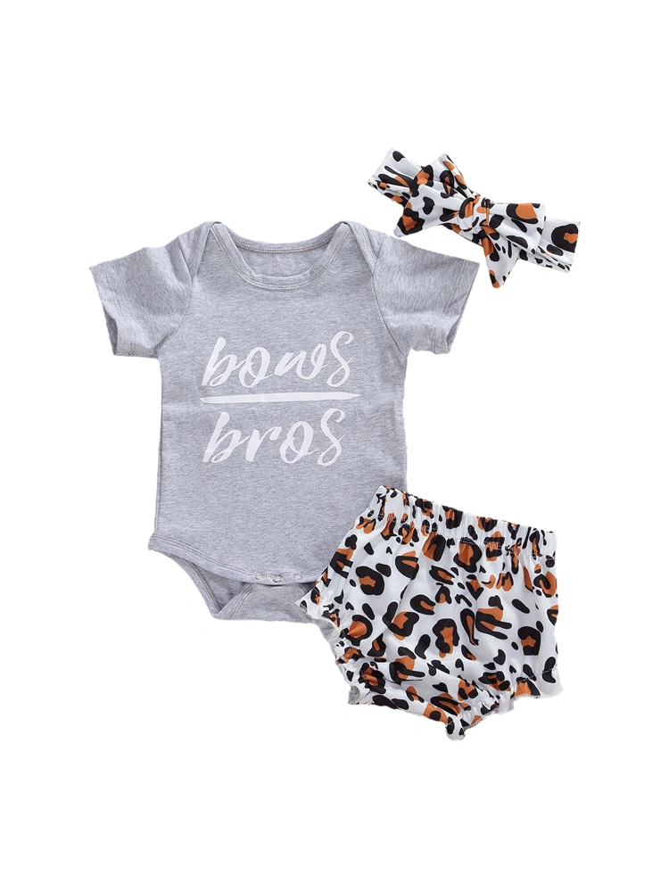 Boy Girl Clothes Set, Letters Print Romper + Leopard Shorts + Hairband