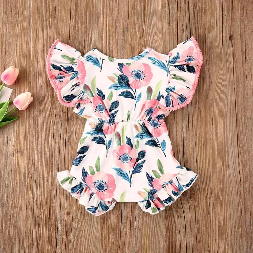 Infant Girls Round Neck Bodysuit, Flower Pattern Loose Fit Romper