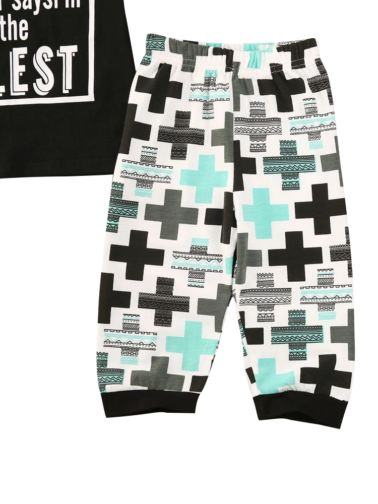 2 Pcs Boy Long Pants Suits, Letter Print Short Sleeve Tops+Cross Pants Sets