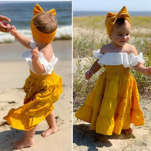 Girls Dress Set Off Shoulder Ruffled Top Bow Headband High Waist Skirt Suit