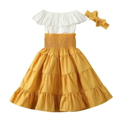 Girls Dress Set Off Shoulder Ruffled Top Bow Headband High Waist Skirt Suit