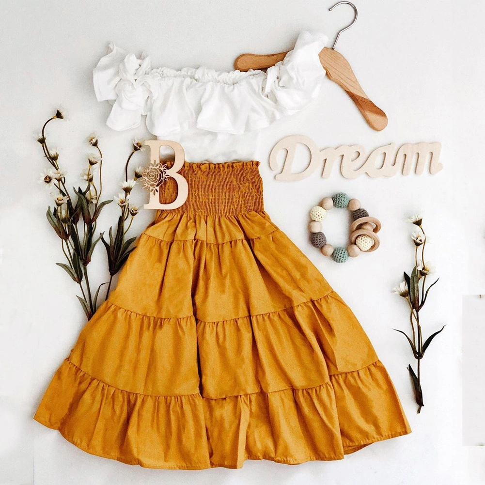 Girls Dress Set Off Shoulder Ruffled Top Bow Headband High Waist Skirt Suit