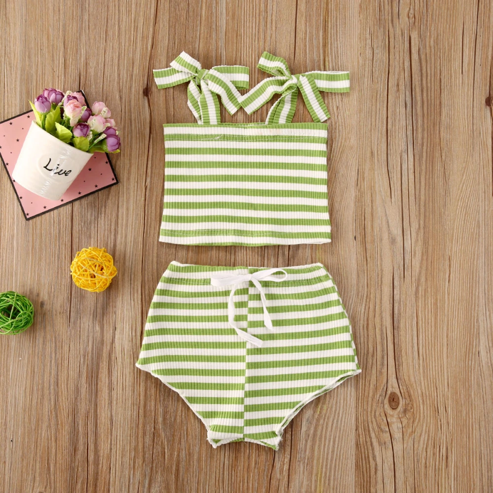 Baby Girl's Sleeveless Tops T-shirt + Drawstring Striped Shorts Summer Sets