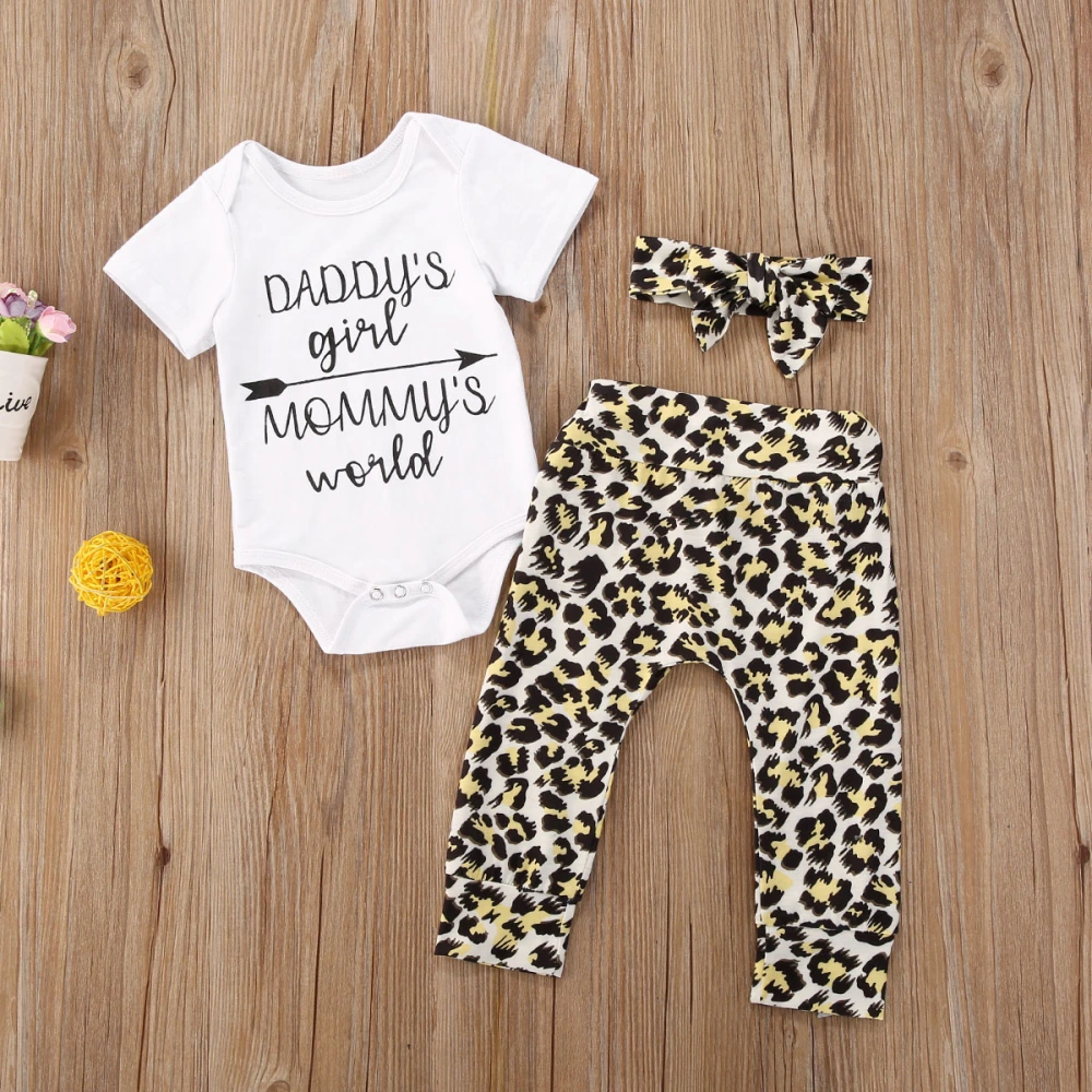 Baby Girl Boy Outfits Letter Print Romper Leopard Print Pants with Headband