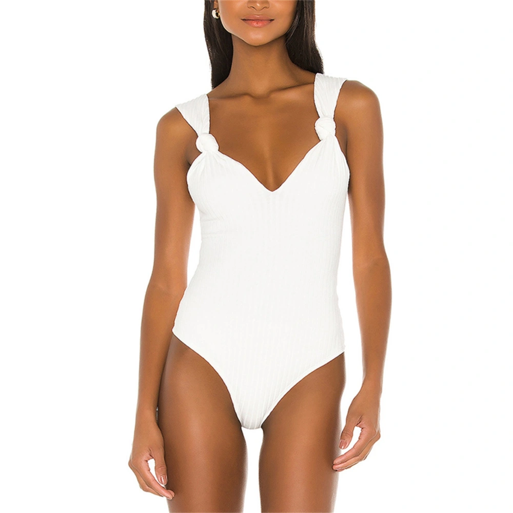 Women White Solid Color Deep V-neck Sleeveless Ribbed Bodysuit