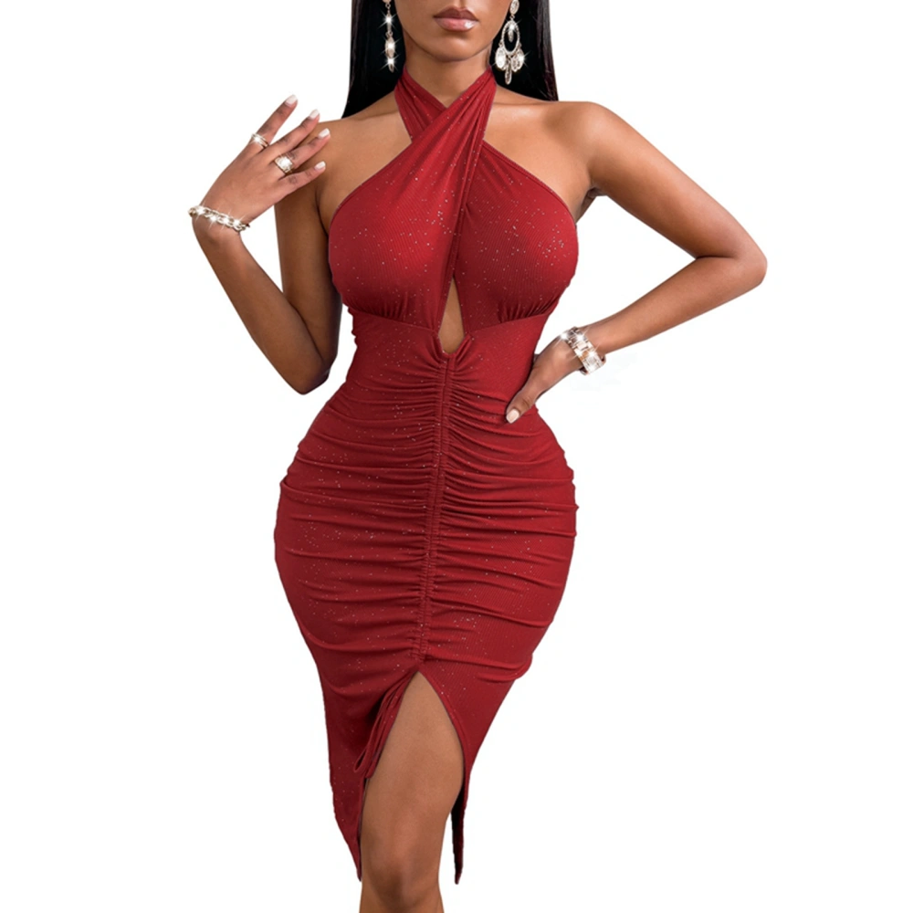 Women Bodycon Dress, Cross Halter Glitter Ruched Drawstring Midi Dress