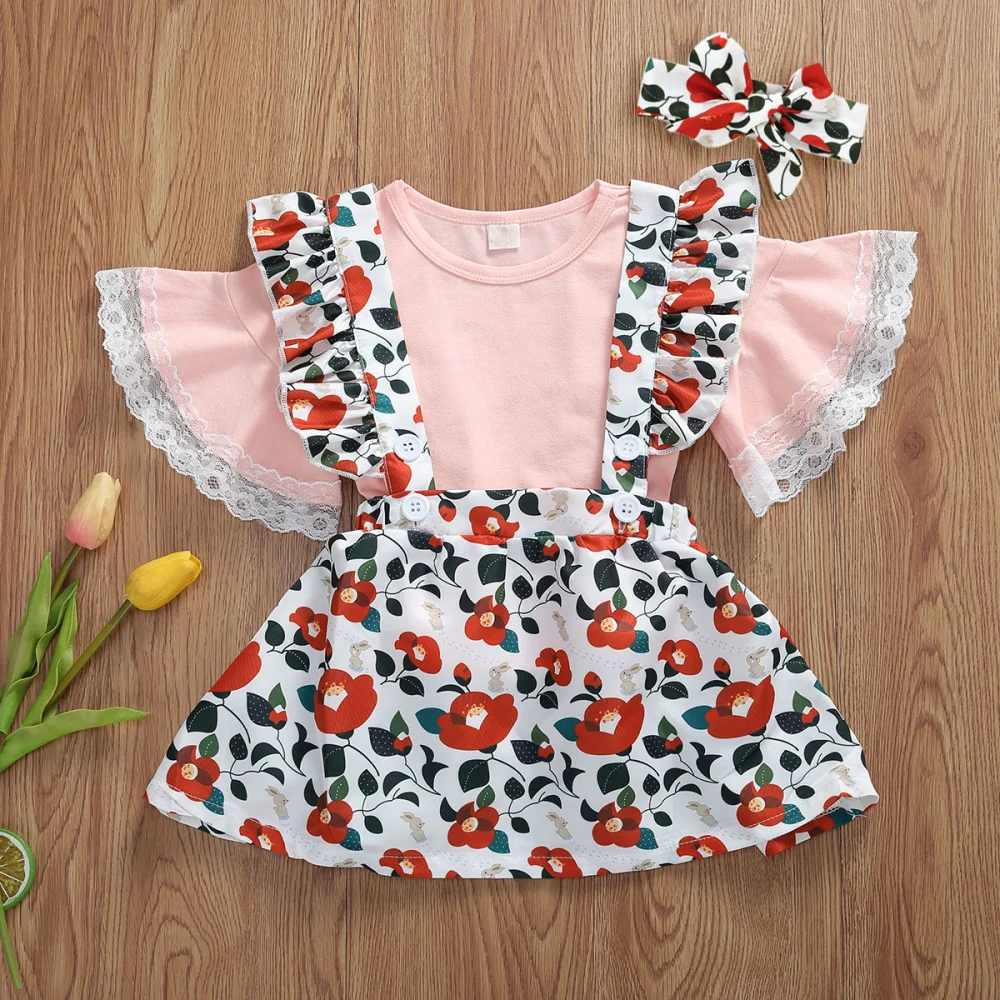 Baby Girl Outfit Lama Short Sleeve T-shirt + Flower Suspender Skirt + Hairband